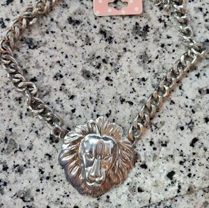 Silver tone lion face necklace unisex